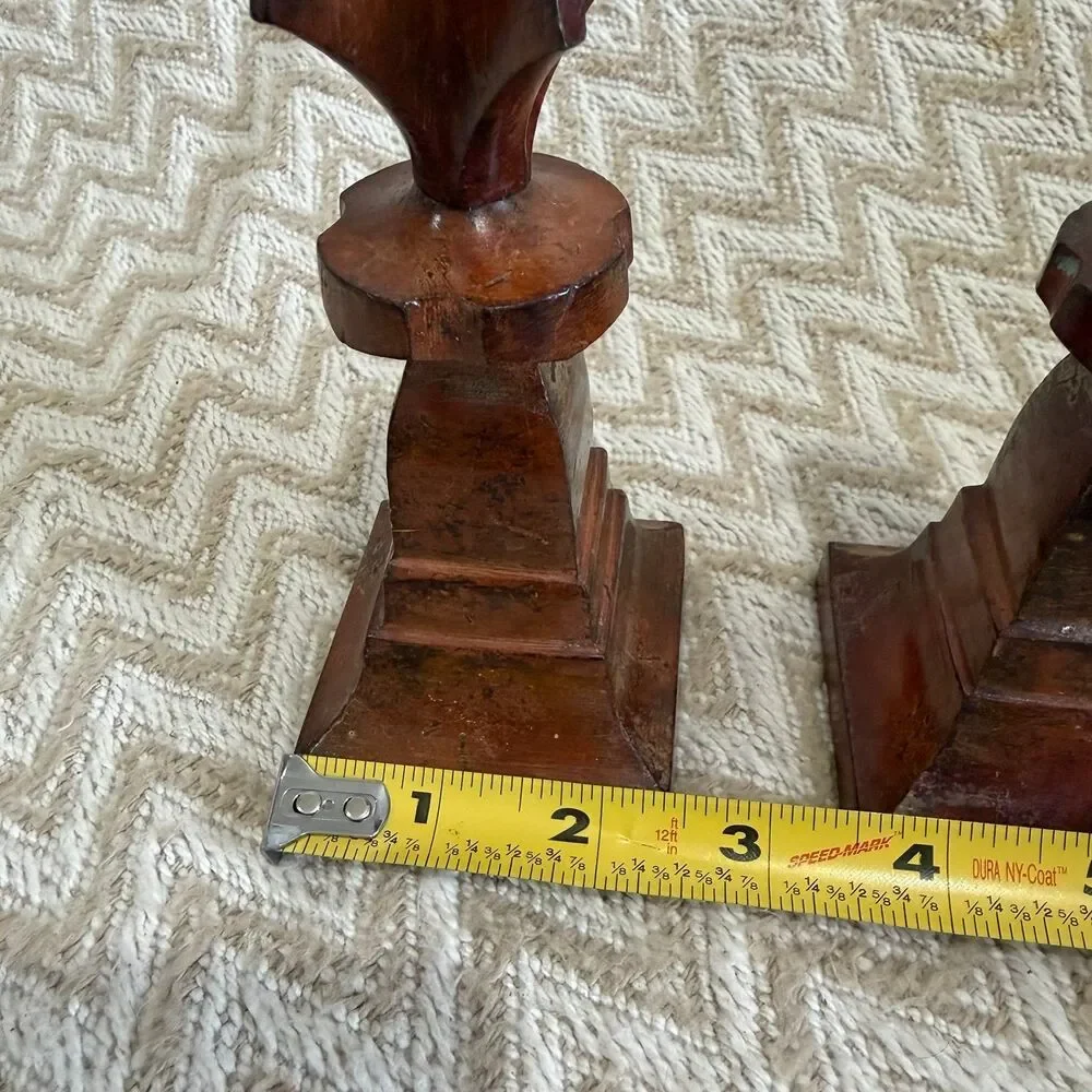 Vintage Hosley Solid Brass Finial Spears Burl Wood Finish Set of 2